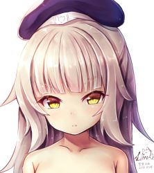 Rule 34 | 1girl, azur lane, blush, closed mouth, collarbone, commentary request, cowboy shot, long hair, looking at viewer, portrait, simple background, solo, sorairo len, twitter username, white background, yellow eyes, z46 (azur lane)