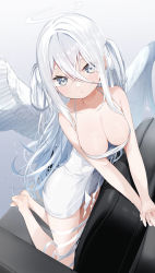 Rule 34 | 1girl, absurdres, armchair, bare arms, bare shoulders, barefoot, bow, breasts, chair, cleavage, closed mouth, collarbone, commentary, dress, feathered wings, grey eyes, hair between eyes, hair bow, halo, highres, kamioka shun&#039;ya, kneeling, large breasts, looking at viewer, on chair, original, sleeveless, sleeveless dress, solo, symbol-only commentary, two side up, white bow, white dress, white hair, white wings, wings