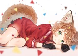 Rule 34 | 1girl, :&lt;, anco (melon85), animal ears, black gloves, brown hair, closed mouth, collarbone, confetti, dress, fox ears, fox tail, gloves, green eyes, long sleeves, looking at viewer, lying, on side, original, red dress, sailor collar, sailor dress, short hair, solo, star (symbol), tail, thighs