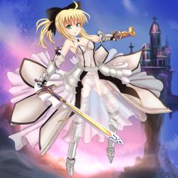 Rule 34 | 1girl, ahoge, artoria pendragon (fate), bad id, bad pixiv id, bare shoulders, blonde hair, bow, caliburn (fate), capcom, detached sleeves, dress, fate/stay night, fate/unlimited codes, fate (series), gauntlets, green eyes, hair bow, long hair, ponytail, saber (fate), saber lily, sheath, solo, sumapan, sword, weapon