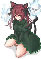 Rule 34 | 1girl, absurdres, alternate hairstyle, animal ear fluff, animal ears, arm support, between legs, black bow, blue fire, blunt bangs, bow, breasts, bright pupils, cat ears, cat tail, dress, eyelashes, fire, flaming skull, floating skull, from above, full body, green dress, hair bow, half-closed eyes, hand between legs, highres, hitodama, juliet sleeves, kaenbyou rin, kuraki, long hair, long sleeves, medium breasts, multiple tails, nekomata, petticoat, puffy sleeves, red eyes, red hair, seiza, simple background, sitting, solo, tail, touhou, twintails, two tails, white background