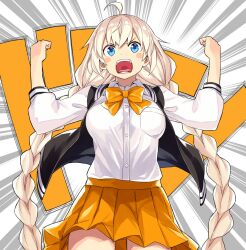Rule 34 | 1girl, alternate costume, arms up, blue eyes, blush stickers, bow, bowtie, braid, breasts, clenched hands, collared shirt, commentary request, cowboy shot, dress shirt, emphasis lines, flexing, jacket, kizuna akari, large breasts, letterman jacket, long hair, looking at viewer, open clothes, open jacket, open mouth, orange bow, orange bowtie, orange skirt, pleated skirt, shirt, shirt tucked in, shouting, skirt, sleeves past elbows, solo, sound effects, straight-on, toromera, twin braids, v-shaped eyebrows, very long hair, vocaloid, voiceroid, white hair
