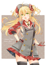 Rule 34 | 1girl, absurdres, admiral hipper (azur lane), ahoge, armband, armpits, azur lane, black thighhighs, blonde hair, buttons, character name, choker, collarbone, commentary request, contrapposto, cowboy shot, cross, double-breasted, english text, flat chest, gloves, green eyes, hair between eyes, hat, head tilt, headgear, highres, iron cross, long hair, looking at viewer, mole, mole under eye, open mouth, pleated skirt, red skirt, saekiya sabou, sidelocks, skindentation, skirt, solo, standing, teeth, thighhighs, twitter username