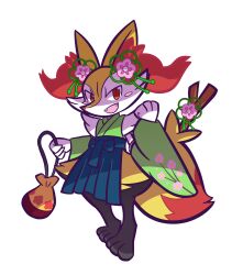 Rule 34 | 1girl, animal ear fluff, animal ears, animal feet, animal hands, animal nose, bag, black fur, blue hakama, blush, blush stickers, body fur, braixen, clenched hand, creatures (company), detached sleeves, fangs, female focus, flat chest, floral print, flower, fox ears, fox girl, fox tail, full body, furry, furry female, game freak, gen 6 pokemon, green kimono, green sleeves, hair flower, hair ornament, hakama, hakama skirt, hands up, happy, highres, holding, holding bag, japanese clothes, kazuairou, kimono, long sleeves, looking at viewer, nintendo, open mouth, pelvic curtain, pink flower, pokemon, pokemon (creature), pouch, red eyes, sideways mouth, simple background, skirt, sleeveless, sleeveless kimono, smile, snout, solo, standing, stick, tail, transparent background, underlighting, white fur, wide sleeves, yellow fur
