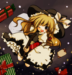 Rule 34 | 1girl, ;d, apron, between legs, black footwear, black hat, black skirt, black vest, blonde hair, blush, bow, box, braid, broom, broom riding, eyebrows, female focus, flying sweatdrops, frilled apron, frills, full body, futami yayoi, gift, gift bag, gift box, hair bow, hat, hat bow, hat ribbon, kirisame marisa, layered sleeves, long hair, long sleeves, one eye closed, open mouth, plaid, puffy short sleeves, puffy sleeves, red bow, ribbon, riding, sack, shirt, shoes, short over long sleeves, short sleeves, single braid, skirt, smile, snowing, solo, star (symbol), striped, touhou, vest, waist apron, white apron, white bow, white ribbon, white shirt, witch hat