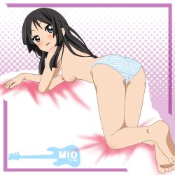 Rule 34 | 00s, 1girl, akiyama mio, all fours, ass, bad feet, bad hands, barefoot, black eyes, black hair, blush, breasts, feet, k-on!, long hair, looking back, nipples, open mouth, panties, rm (rm32), solo, striped clothes, striped panties, topless, underwear