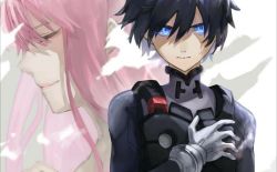 Rule 34 | 10s, 1boy, 1girl, black bodysuit, black hair, blue eyes, bodysuit, closed eyes, commentary request, couple, darling in the franxx, gloves, hand on own chest, hetero, hiro (darling in the franxx), long hair, looking at viewer, pilot suit, pink hair, sa nomaru, short hair, topless male, white gloves, zero two (darling in the franxx)