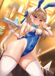 Rule 34 | 1girl, absurdres, animal ears, blonde hair, blue archive, blue eyes, blue hair, blush, bow, bowtie, braid, breasts, champagne flute, covered navel, cup, detached collar, drinking glass, earrings, fake animal ears, highres, jewelry, leotard, long hair, looking at viewer, medium breasts, multicolored hair, playboy bunny, rabbit ears, solo, streaked hair, sweat, thighhighs, toki (blue archive), toki (bunny) (blue archive), two-tone hair, v, vanta-black, white thighhighs, wrist cuffs