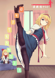Rule 34 | 2girls, ;), alice margatroid, bad anatomy, black legwear, blonde hair, blue dress, blue eyes, blush, boots, brown footwear, capelet, commentary request, culter, curtains, dress, feet out of frame, hairband, highres, indoors, leg up, looking at viewer, multiple girls, necktie, one eye closed, panties, panties under pantyhose, pantyhose, red hairband, red neckwear, red sash, sash, shadow, shanghai doll, short hair, smile, standing, standing on one leg, thighs, touhou, translated, underwear, white capelet, window
