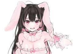 Rule 34 | 1girl, absurdres, ahoge, animal ears, black hair, blush, breasts, cleavage, collar, colored inner hair, fake animal ears, frilled collar, frills, headset, highres, iq033, long hair, multicolored hair, open mouth, original, pink eyes, pink hair, rabbit ears, solo