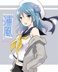 Rule 34 | 10s, 1girl, bad id, bad pixiv id, bare shoulders, beret, blue eyes, blue hair, blush, breasts, cardigan, character name, double bun, female focus, from side, hair bun, hat, kantai collection, large breasts, long hair, looking at viewer, matching hair/eyes, minami noriko, open cardigan, open clothes, open mouth, sailor hat, school uniform, serafuku, skirt, sleeves past wrists, sleeves rolled up, smile, solo, twitter username, urakaze (kancolle), white hat