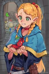 Rule 34 | 1boy, 1girl, absurdres, armor, black capelet, blonde hair, blue pikmin, braid, capelet, choker, commentary, crossover, dungeon meshi, elf, english commentary, green eyes, hair ribbon, highres, holding, laios touden, long hair, long sleeves, lying, marcille donato, nesian., nintendo, on side, on stomach, pikmin (creature), pikmin (series), pointy ears, pouch, red choker, red pikmin, red ribbon, ribbon, robe, side braids, signature, sparkle, very long hair, wide sleeves, yellow pikmin