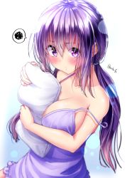 Rule 34 | 1girl, bare arms, bare shoulders, blush, breasts, cleavage, collarbone, embarrassed, eyes visible through hair, hair tie, large breasts, looking at viewer, low twintails, mokufuu, nail polish, nightgown, no bra, hugging object, original, pillow, pillow hug, pink nails, pout, purple eyes, purple hair, purple nightgown, shiny skin, sideboob, sidelocks, solo, spoken squiggle, squiggle, strap slip, twintails, twitter username