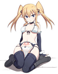 Rule 34 | 1girl, arm support, bare shoulders, black gloves, black thighhighs, blonde hair, blue eyes, blush, boots, bra, breasts, choker, cleavage, commentary request, elbow gloves, elf, fingerless gloves, garter belt, gloves, hair ribbon, heart, heart tattoo, long hair, looking at viewer, nanashino, navel, open mouth, original, panties, pointy ears, pubic tattoo, ribbon, sitting, solo, tattoo, thighhighs, twintails, underwear, wariza, white bra, white panties