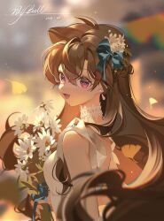 Rule 34 | 1girl, :d, absurdres, artist name, bare shoulders, blurry, blurry background, bouquet, bow, brown hair, chinese commentary, choker, commentary request, crossed bangs, dated, dress, earrings, falling leaves, flower, ginkgo leaf, hair bow, hair flower, hair ornament, half updo, highres, holding, holding bouquet, jewelry, lace, lace choker, lang qiu qiu, leaf, long hair, looking at viewer, looking back, meitantei conan, mouri ran, open mouth, pink eyes, signature, sleeveless, sleeveless dress, smile, solo, upper body, white choker, white dress, white flower