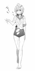 Rule 34 | 10s, 1girl, ahoge, bare legs, barefoot, blush, full body, greyscale, hair ornament, i-58 (kancolle), kantai collection, monochrome, nathaniel pennel, school swimsuit, school uniform, serafuku, short hair, short sleeves, simple background, solo, swimsuit, swimsuit under clothes, torn clothes, translation request, wet, white background