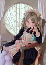 Rule 34 | 1girl, apron, black nails, bloody marie (skullgirls), brooch, chair, curtains, dress, fire, frilled apron, frilled dress, frills, grey hair, hair ornament, hakainoika, highres, indoors, jewelry, looking at viewer, maid apron, maid headdress, red eyes, ribs, sitting, skull hair ornament, skullgirls, solo, twintails, window