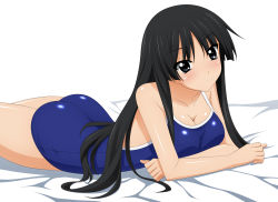 Rule 34 | 1girl, absurdres, akiyama mio, ass, black eyes, black hair, blue one-piece swimsuit, breasts, calendar, cleavage, competition school swimsuit, competition swimsuit, detexted, highres, k-on!, long hair, lying, not cropped, on stomach, one-piece swimsuit, school swimsuit, solo, sugimura tomokazu, swimsuit, third-party edit, vector trace