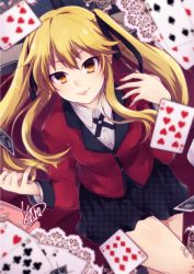 Rule 34 | 10s, bad id, bad pixiv id, black ribbon, blonde hair, card, from above, hair ribbon, kakegurui, lace, long hair, looking at viewer, orange eyes, parted lips, playing card, ribbon, saotome mary, school uniform, shiunga315, sitting, skirt, smile, solo, twintails