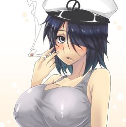 Rule 34 | 10s, 1girl, bare shoulders, black hair, blush, breasts, cigarette, covered erect nipples, female admiral (kancolle), grey eyes, hair over one eye, hat, huge breasts, kage (kagetuki00), kantai collection, looking at viewer, nipples, open mouth, original, shiny clothes, short hair, smoke, smoking, solo, upper body
