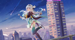 Rule 34 | 1girl, :d, absurdres, black hairband, black jacket, black thighhighs, blue eyes, blue sky, blue thighhighs, boots, building, cityscape, cloud, cloudy sky, collared shirt, cropped jacket, dated, firefly (honkai: star rail), fireworks, floating hair, from side, god hunter, gradient legwear, green skirt, grey hair, hair between eyes, hair intakes, hairband, high heel boots, high heels, highres, holding fireworks, honkai: star rail, honkai (series), jacket, long hair, long sleeves, looking at viewer, neckerchief, night, night sky, open mouth, orange neckerchief, outdoors, pink eyes, pleated skirt, railing, shirt, shooting star, sidelocks, signature, skirt, sky, skyscraper, smile, solo, sparkler, spotlight, thighhighs, two-tone eyes, white footwear, white shirt, zettai ryouiki