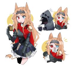 Rule 34 | 1girl, 1other, :d, animal ears, archetto (arknights), arknights, beer mug, black coat, black corset, black dress, blonde hair, blue eyes, cape, coat, corset, cup, doctor (arknights), dress, gloves, heterochromia, holding, holding cup, holding paper, hood, hooded coat, long hair, mug, odmised, open mouth, paper, red cape, red eyes, smile, tail, visor, white background, wrist guards