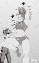 Rule 34 | 1boy, 1girl, abs, absurdres, armpits, arms up, biceps, black pants, black vest, breasts, captain mizuki, cleavage, earrings, feet out of frame, gearsper, grey background, greyscale, highres, jewelry, kabos, long sleeves, medal, medium breasts, midriff, monochrome, one-punch man, one eye closed, pants, shirt, shoes, socks, vest, white shirt