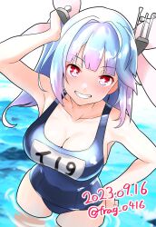 Rule 34 | 1girl, blue hair, blush, breasts, dated, flower-shaped pupils, furaggu (frag 0416), hair ornament, hair ribbon, highres, i-19 (kancolle), kantai collection, large breasts, looking at viewer, name tag, one-piece swimsuit, open mouth, red eyes, ribbon, school swimsuit, smile, solo, swimsuit, symbol-shaped pupils, tri tails, twintails, twitter username, water