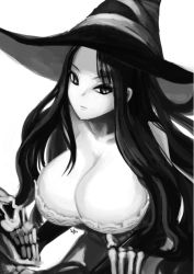 Rule 34 | 1girl, bare shoulders, breasts, cleavage, detached sleeves, dragon&#039;s crown, dress, greyscale, hat, hm (hmongt), huge breasts, large breasts, long hair, monochrome, simple background, skeleton, solo, sorceress (dragon&#039;s crown), strapless, strapless dress, upper body, vanillaware, witch, witch hat