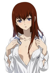 Rule 34 | 1girl, breasts, brown hair, cleavage, collarbone, covered erect nipples, dress shirt, hair between eyes, highres, long hair, long sleeves, looking at viewer, makise kurisu, ny0r0ny0r0, open mouth, partially unbuttoned, purple eyes, shiny skin, shirt, simple background, small breasts, solo, steins;gate, straight hair, unbuttoned sleeves, upper body, white background, white shirt