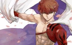 Rule 34 | 1boy, bad id, bad twitter id, emiya shirou, fate/grand order, fate (series), highres, igote, limited/zero over, looking at viewer, male focus, outstretched arm, petals, red hair, senji muramasa (fate), shiraishi (siraisi00), solo, toned, toned male, topless male, upper body, wristband, yellow eyes