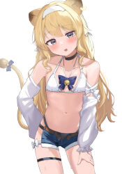 Rule 34 | 1girl, absurdres, animal ears, arm behind back, bare shoulders, bell, bikini, bikini top only, black choker, blonde hair, blue bow, blue bowtie, blush, bow, bowtie, choker, collarbone, commentary request, cowboy shot, denim, denim shorts, detached sleeves, fang, grey eyes, hairband, hand on own thigh, highres, jingle bell, lion ears, lion tail, long hair, looking at viewer, navel, noripro, open fly, parted lips, regrush lionheart, short shorts, shorts, simple background, solo, stomach, sweat, swimsuit, tail, tail bow, tail ornament, tail raised, thigh strap, virtual youtuber, white background, white bikini, white hairband, youyoukai