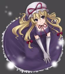 Rule 34 | 1girl, bad id, bad pixiv id, blonde hair, bow, breasts, cleavage, dress, elbow gloves, female focus, from above, gloves, hat, kakokou, kneeling, light particles, lips, long hair, purple eyes, smile, snowing, solo, tottoto tomekichi, touhou, v arms, yakumo yukari