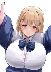 Rule 34 | 1girl, absurdres, ankoh, blonde hair, blue bow, blue bowtie, blue jacket, blush, bow, bowtie, breasts, brown eyes, button gap, cleavage, closed mouth, collared shirt, ear piercing, goddess of victory: nikke, hair ornament, highres, huge breasts, jacket, long hair, mole, mole under eye, off-shoulder jacket, off shoulder, piercing, puffy sleeves, reaching, reaching towards viewer, shirt, sleeves past wrists, smile, solo, tia (nikke), white shirt