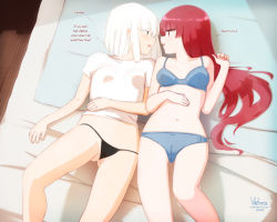 Rule 34 | 2girls, blue bra, blue panties, bra, cameltoe, cleft of venus, commentary, english commentary, english text, eye contact, green hair, little viktoria, looking at another, multiple girls, navel, open mouth, original, panties, pillow, red eyes, red hair, underwear, underwear only, white hair, yuri