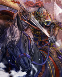 Rule 34 | 1boy, animal, armor, breath, facial hair, gauntlets, goatee, helmet, holding, holding sword, holding weapon, horse, looking at viewer, male focus, outdoors, reins, riding, sangokushi taisen, snow, solo, sword, weapon, wednesday (starsilver)