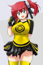 Rule 34 | 1girl, aiba ami, backpack, bag, black gloves, black skirt, blue eyes, blush, breasts, cowboy shot, digimon, digimon story: cyber sleuth, gloves, goggles, goggles on head, looking at viewer, n36hoko, open mouth, panties, pantyshot, print shirt, raglan sleeves, red hair, shirt, side ponytail, single glove, skirt, smile, solo, thighhighs, underwear, yellow shirt, yellow thighhighs