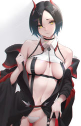 Rule 34 | 1girl, artist name, azur lane, bare shoulders, black choker, black hair, black jacket, blue hair, breasts, choker, collarbone, cowboy shot, head tilt, highres, horns, jacket, kojo (0124), large breasts, long sleeves, looking at viewer, nail polish, navel, navel piercing, off shoulder, open clothes, open jacket, parted lips, piercing, red nails, revision, short hair, sideboob, simple background, solo, standing, thighhighs, ulrich von hutten (azur lane), white background, wide sleeves, yellow eyes