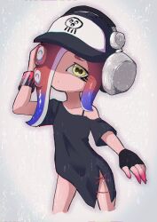 Rule 34 | 1girl, arm up, baseball cap, black dress, blue hair, cephalopod eyes, closed mouth, commentary request, cropped legs, dedf1sh, dress, eyelashes, gradient hair, grey background, hat, headphones, headphones over headwear, highres, long hair, multicolored hair, nintendo, octoling, off shoulder, panu, print headwear, red hair, side slit, single bare shoulder, solo, splatoon (series), splatoon 3, splatoon 3: side order, tentacle hair, thick eyebrows, two-tone hair, yellow eyes