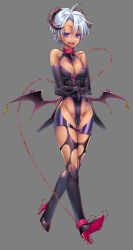 Rule 34 | 1girl, barbed wire, bare shoulders, bdsm, bondage, bound, breasts, cameltoe, chain, cleavage, collar, colored eyelashes, demon girl, elbow gloves, giuniu, gloves, highres, horns, original, pointy ears, purple eyes, short hair, silver hair, slit pupils, solo, solowings, demon girl, thighhighs, wings