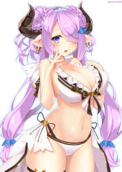 Rule 34 | 10s, 1girl, bikini, blue eyes, breasts, cleavage, draph, earrings, granblue fantasy, hair over one eye, highres, horns, jewelry, large breasts, light purple hair, long hair, looking at viewer, md5 mismatch, mirea, narmaya (granblue fantasy), narmaya (summer) (granblue fantasy), navel, pointy ears, renka (llawliet39), solo, swimsuit, twintails, twitter username, white bikini