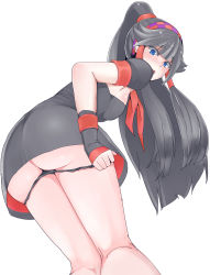 Rule 34 | 1girl, ass, black hair, blue eyes, dress, from below, highres, nephthys (p&amp;d), panties, panty pull, ponytail, puzzle &amp; dragons, simple background, solo, strkun, underwear, white background