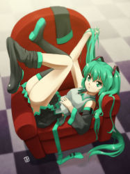 Rule 34 | 1girl, :&lt;, boots, chair, couch, detached sleeves, artistic error, full body, green eyes, green hair, hatsune miku, highres, legs, long hair, lying, matching hair/eyes, nagian, shoe dangle, skirt, solo, thigh boots, thighhighs, undressing, very long hair, vocaloid
