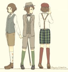 Rule 34 | 10s, 1girl, anko (w-anco), argyle, argyle clothes, argyle legwear, arms behind back, bob cut, bow, bowtie, brown hair, cabbie hat, cane, determined, fedora, formal, hat, hyouka, ibara mayaka, light smile, necktie, pencil, plaid, red eyes, reverse trap, short hair, shorts, striped necktie, striped neckwear, suit, suspenders, traditional bowtie, vest