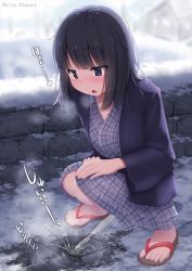 Rule 34 | 1girl, arisu kazumi, black hair, blue eyes, blush, japanese clothes, open mouth, original, outdoors, peeing, puddle, sandals, snow, solo, squatting, steam