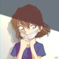 Rule 34 | 1girl, :o, blouse, blue eyes, blue shirt, brown hair, commentary request, haibara ai, hair between eyes, hand on own neck, hands up, highres, looking at viewer, mask, mask pull, meitantei conan, mouth mask, shadow, shirt, short hair, short sleeves, signature, solo, sooma4869, surgical mask, upper body, white background