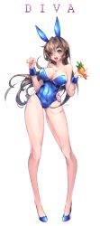 Rule 34 | 1girl, animal ears, artist name, bare shoulders, blue leotard, breasts, brown eyes, brown hair, carrot, character name, cherry, choker, cleavage, clenched hand, collarbone, contrapposto, covered navel, cup, d.va (overwatch), detached collar, drinking glass, drinking straw, facepaint, facial mark, fake animal ears, fingernails, food, fruit, full body, gabi, gluteal fold, hand up, heart, heart-shaped pupils, highleg, highleg leotard, highres, large breasts, legs, leotard, lips, lipstick, long hair, long legs, makeup, open mouth, overwatch, overwatch 1, pigeon-toed, playboy bunny, rabbit ears, red lips, simple background, solo, standing, strapless, strapless leotard, symbol-shaped pupils, teeth, tongue, vegetable, whisker markings, white background, wrist cuffs
