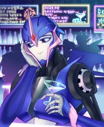 Rule 34 | 1girl, arcee, black sclera, blue eyes, breasts, cocktail glass, colored sclera, cup, drinking glass, head rest, helmet, highres, humanoid robot, jijing5658, light smile, looking at viewer, mechanical wings, medium breasts, robot, robot girl, transformers, transformers prime, wings