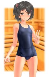 Rule 34 | 1girl, absurdres, black eyes, black hair, black one-piece swimsuit, blurry, braid, commentary request, cowboy shot, depth of field, flat chest, highres, kantai collection, looking at viewer, old school swimsuit, one-piece swimsuit, parted lips, sauna, school swimsuit, scirocco (kancolle), short hair, solo, standing, swimsuit, takafumi, tan, two side up, v
