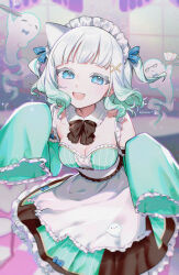 Rule 34 | 1girl, :d, blue eyes, blush, breasts, chromatic aberration, cleavage, detached collar, detached sleeves, gradient hair, highres, holding, holding tray, indie virtual youtuber, klaeia, looking at viewer, maid, maid headdress, medium breasts, medium hair, mint fantome, multicolored hair, open mouth, short twintails, signature, sleeves past fingers, sleeves past wrists, smile, tray, twintails, virtual youtuber, white hair, wisps (mint fantome)